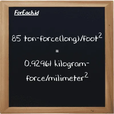 85 ton-force(long)/foot<sup>2</sup> is equivalent to 0.92961 kilogram-force/milimeter<sup>2</sup> (85 LT f/ft<sup>2</sup> is equivalent to 0.92961 kgf/mm<sup>2</sup>)